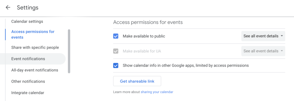 Some of the settings interface of Google Calendar