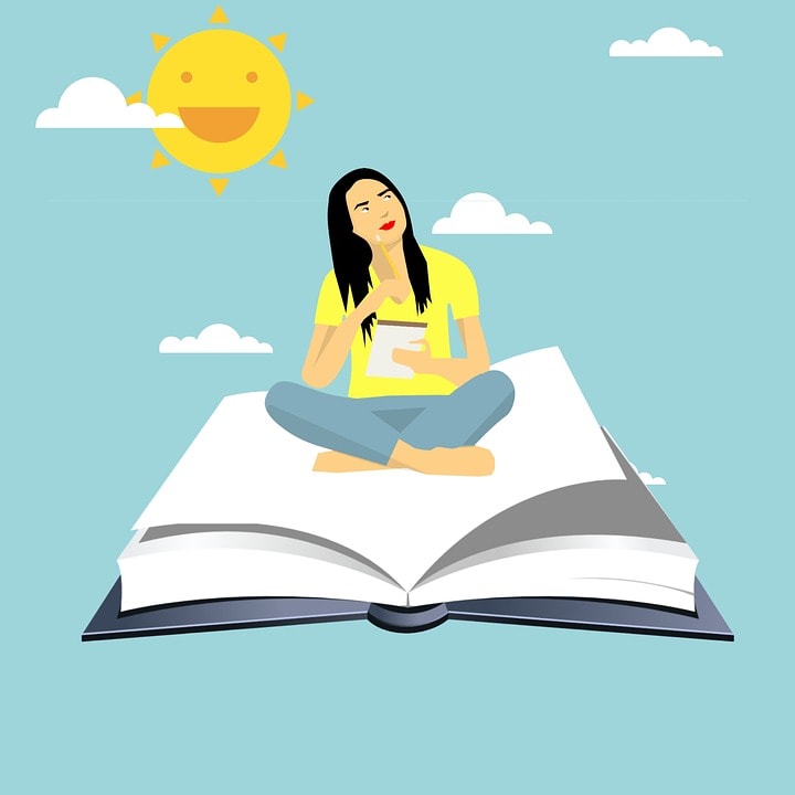An illustration of a girl sitting on a flying book