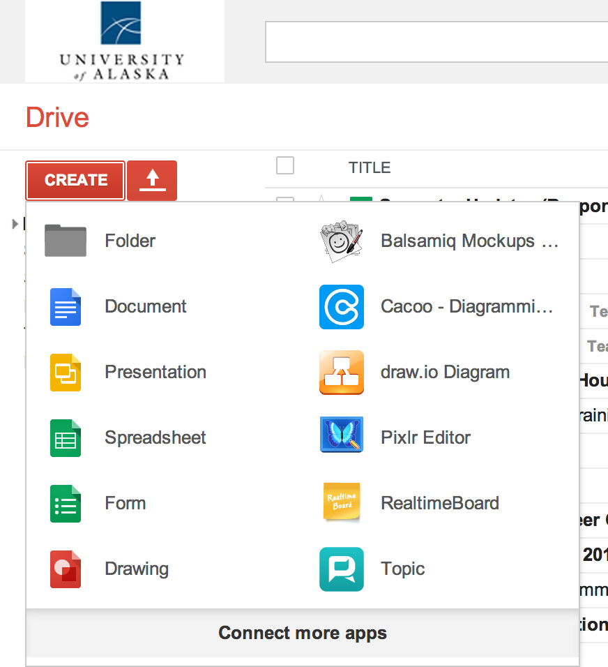 Screenshot of the "Create" menu in Google Drive