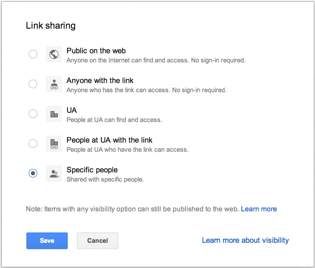 Screenshot of options for sharing a Google drive element